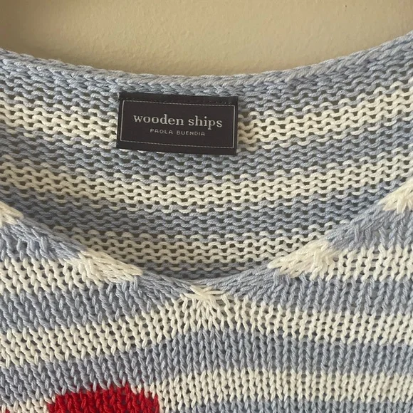 Wooden Ships Blue and White Striped V-Neck Sweater with Red Heart - Picture 4 of 9